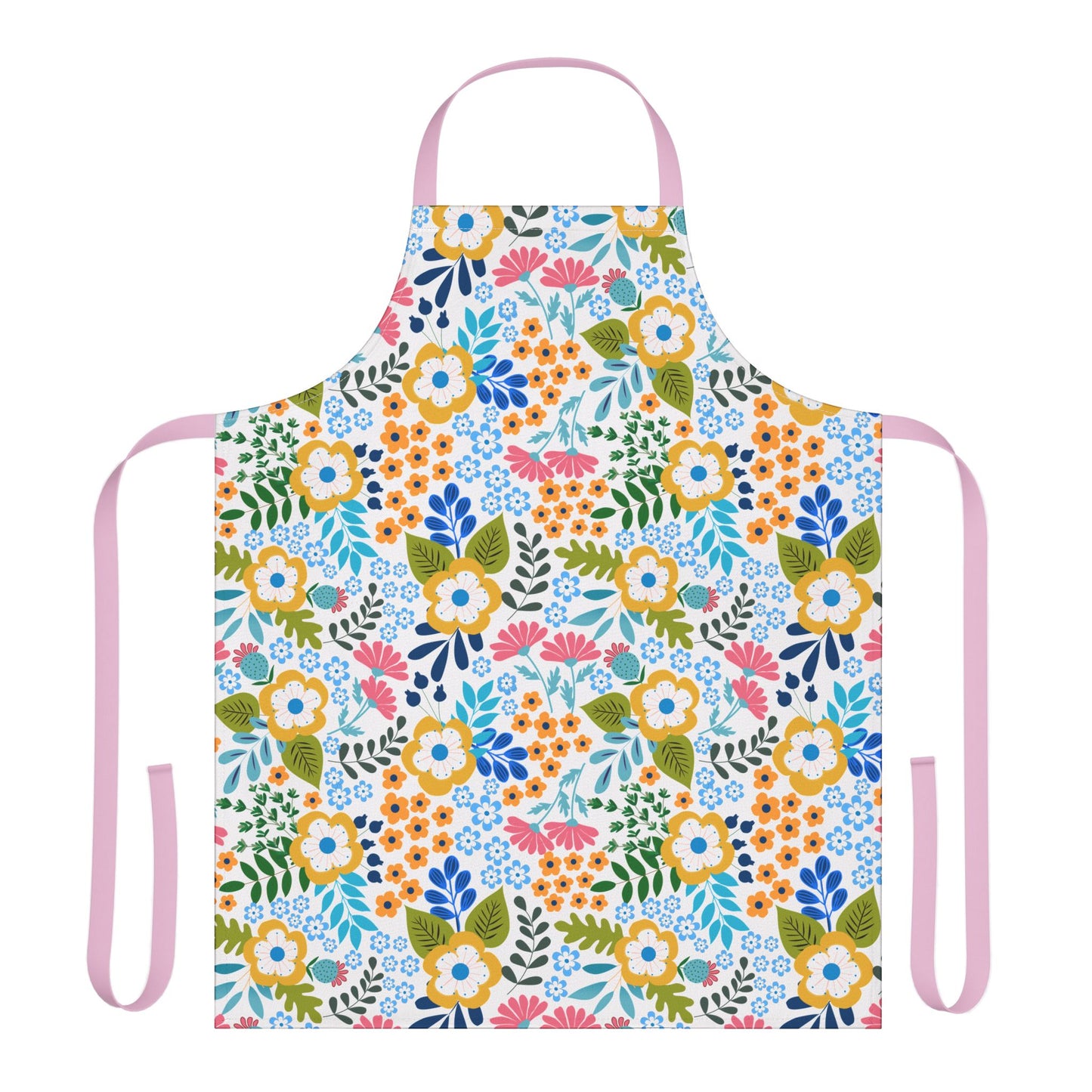 Floral Apron: A vibrant, full-coverage kitchen apron featuring a lively floral design with solid pink ties, made from soft, stain-free polyester canvas, ideal for joyful cooking and crafting.