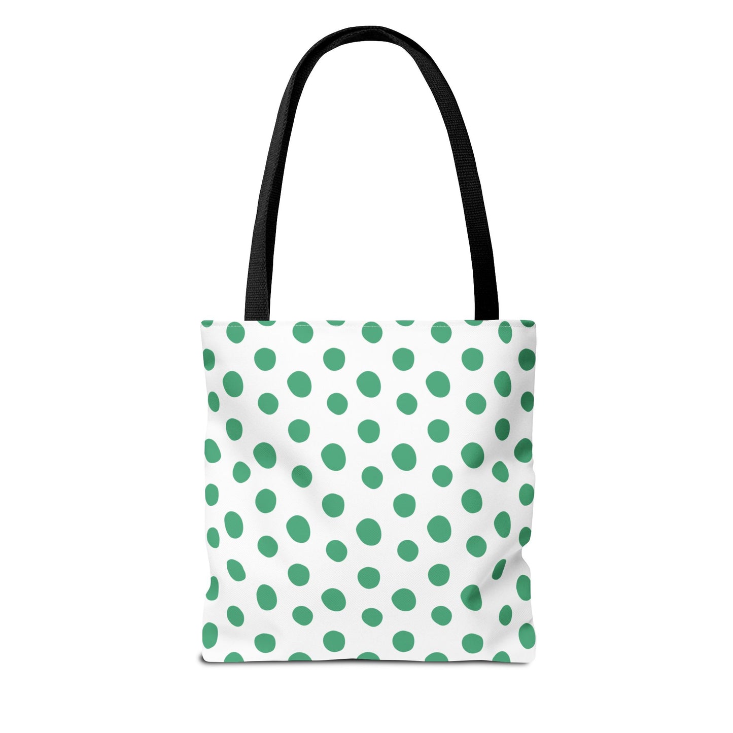 Green Polka Dots Tote Bag with black handles, featuring a playful green dot pattern on a white background. Ideal for casual outings, this stylish accessory complements joyful, everyday fashion.