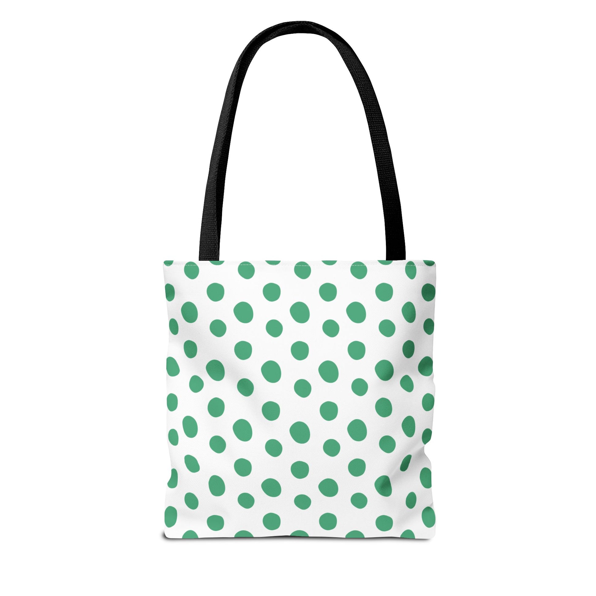 Green Polka Dots Tote Bag with black handles, featuring a playful green dot pattern on a white background. Ideal for casual outings, this stylish accessory complements joyful, everyday fashion.
