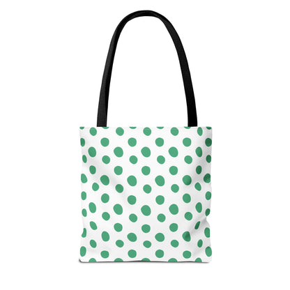 Green Polka Dots Tote Bag with black handles, featuring a playful green dot pattern on a white background. Ideal for casual outings, this stylish accessory complements joyful, everyday fashion.