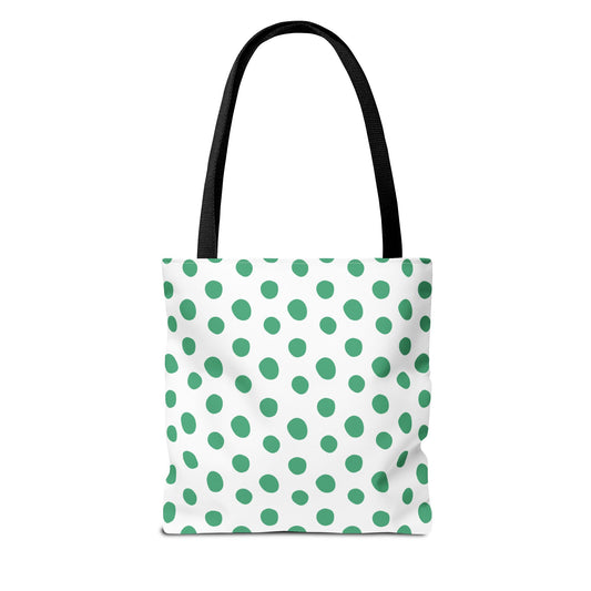 Green Polka Dots Tote Bag with black handles, featuring a playful green dot pattern on a white background. Ideal for casual outings, this stylish accessory complements joyful, everyday fashion.