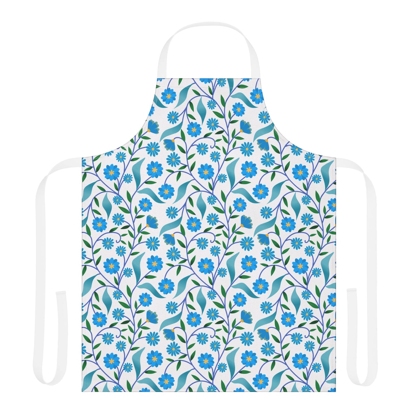 Apron Floral Design featuring a white base with intricate blue floral patterns, adjustable neck and waist ties, crafted from soft polyester canvas for comfort. Ideal for cooking or crafting.