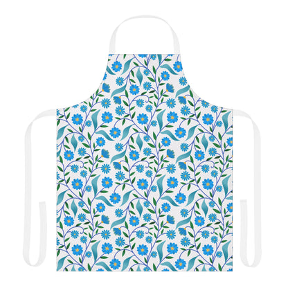 Apron Floral Design featuring a white base with intricate blue floral patterns, adjustable neck and waist ties, crafted from soft polyester canvas for comfort. Ideal for cooking or crafting.