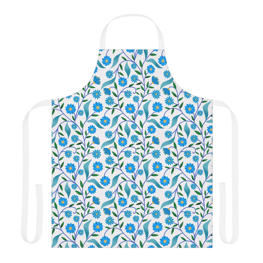 Apron Floral Design featuring a white base with intricate blue floral patterns, adjustable neck and waist ties, crafted from soft polyester canvas for comfort. Ideal for cooking or crafting.