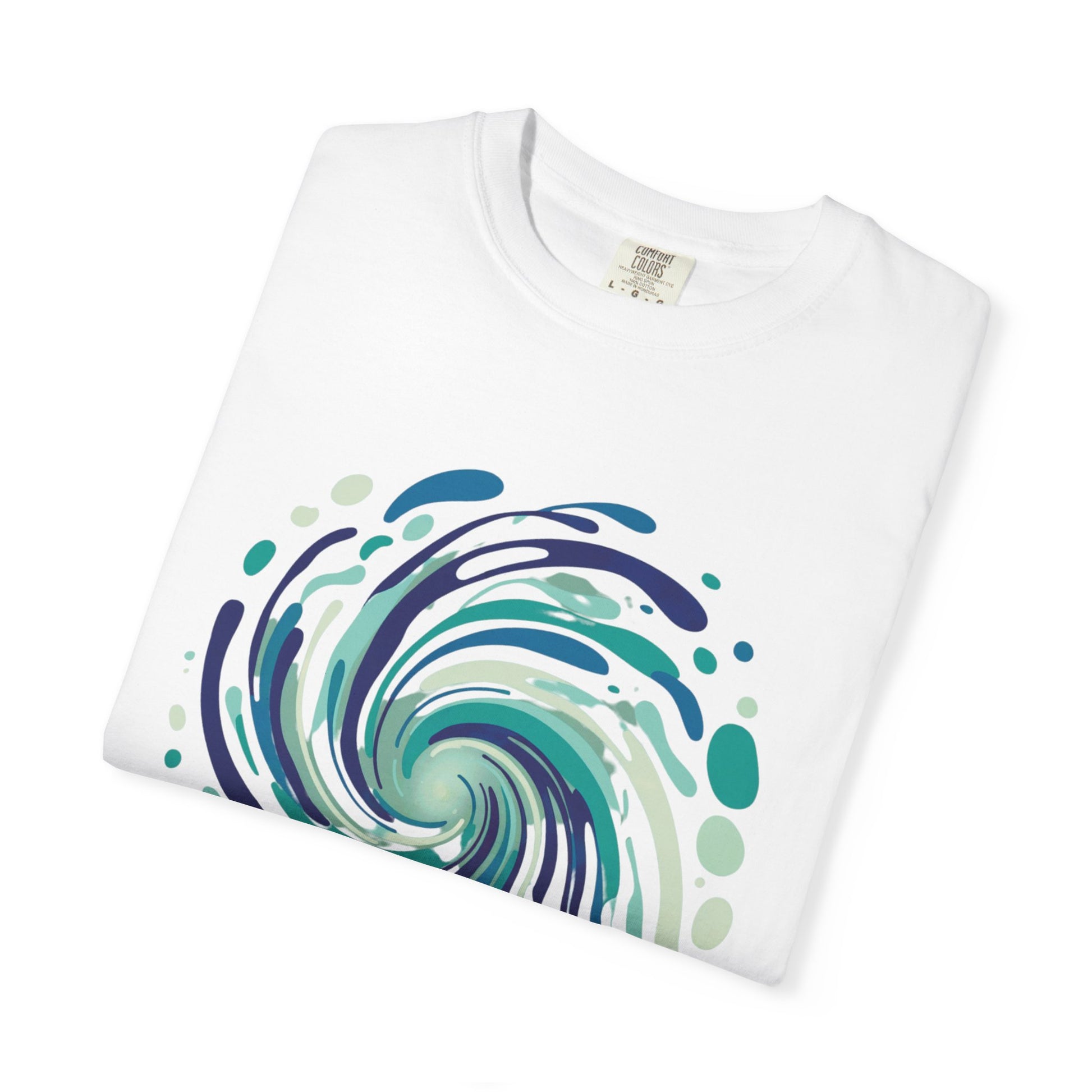 Ocean Waves Abstract T-Shirt featuring a dynamic swirl of fluid lines in teal and aqua, capturing oceanic energy. Ideal for summer and beach outings, this shirt embodies FireBrook Essentials' uplifting style.