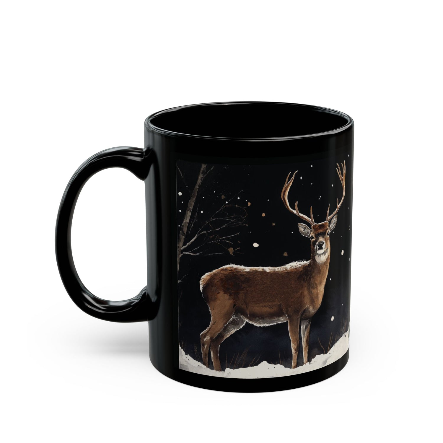 Deer at Snowy Night Mug (11oz, 15oz): Black ceramic mug featuring a serene deer design in a snowy landscape, embodying winter magic with a cozy feel, ideal for nature enthusiasts.