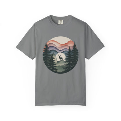 Nature Wanderer T-Shirt showcases a serene design featuring layered mountain silhouettes and a celestial moon, symbolizing wilderness. Perfect for nature lovers seeking comfort and tranquility from FireBrook Essentials.