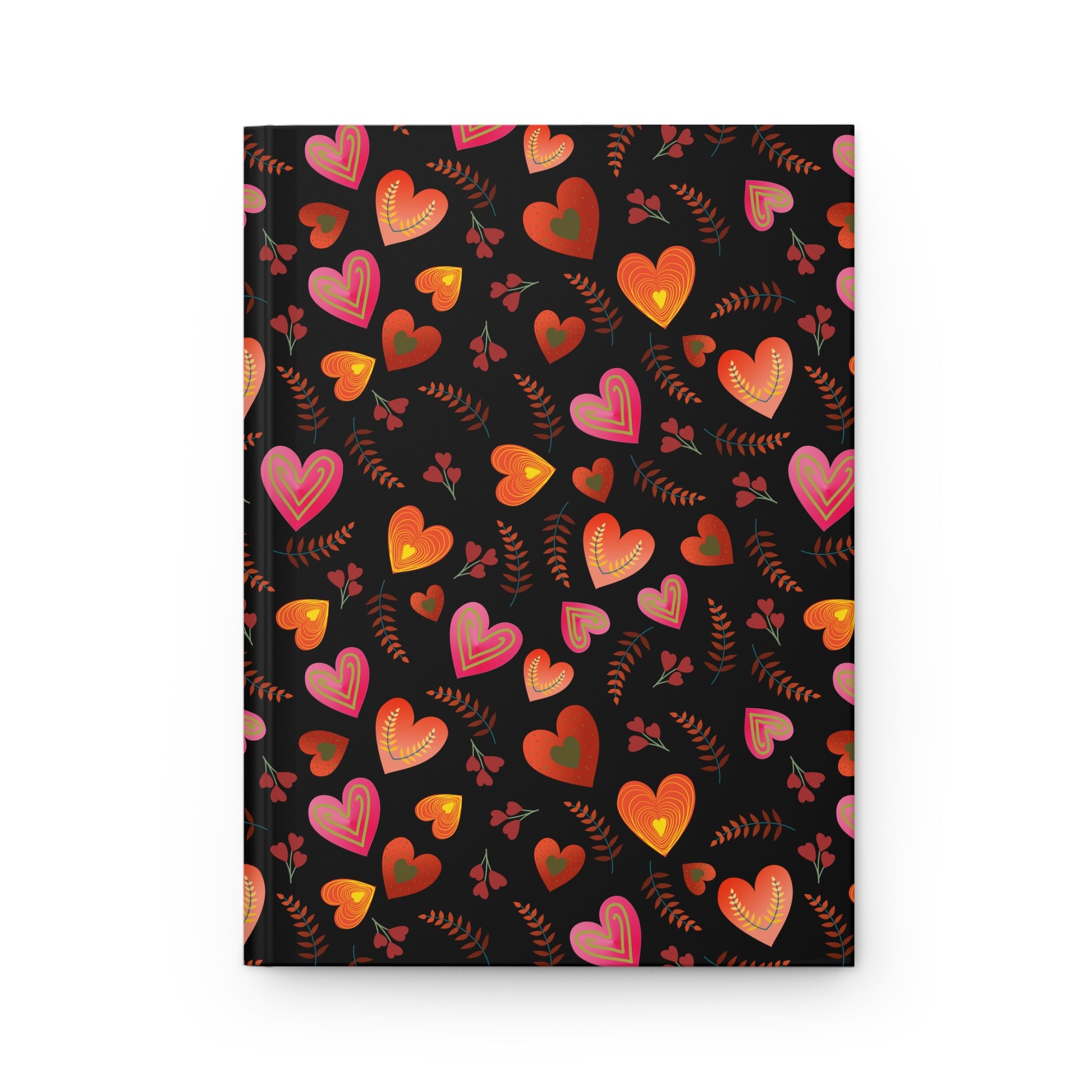 HARDCOVER JOURNAL, MATTE, RULES, 5X7, SEWN BIND, CLEAN-TEAR PAGES: Features a playful pattern of stylized hearts and leaf sprigs, offering vibrant, Valentine’s-inspired flair with a smooth, durable finish.