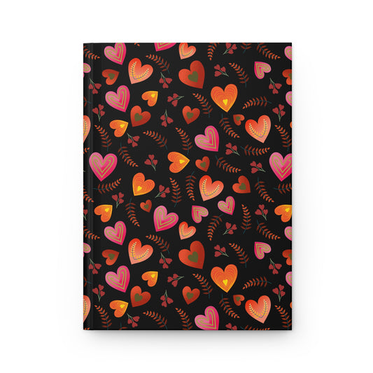 HARDCOVER JOURNAL, MATTE, RULES, 5X7, SEWN BIND, CLEAN-TEAR PAGES: Features a playful pattern of stylized hearts and leaf sprigs, offering vibrant, Valentine’s-inspired flair with a smooth, durable finish.