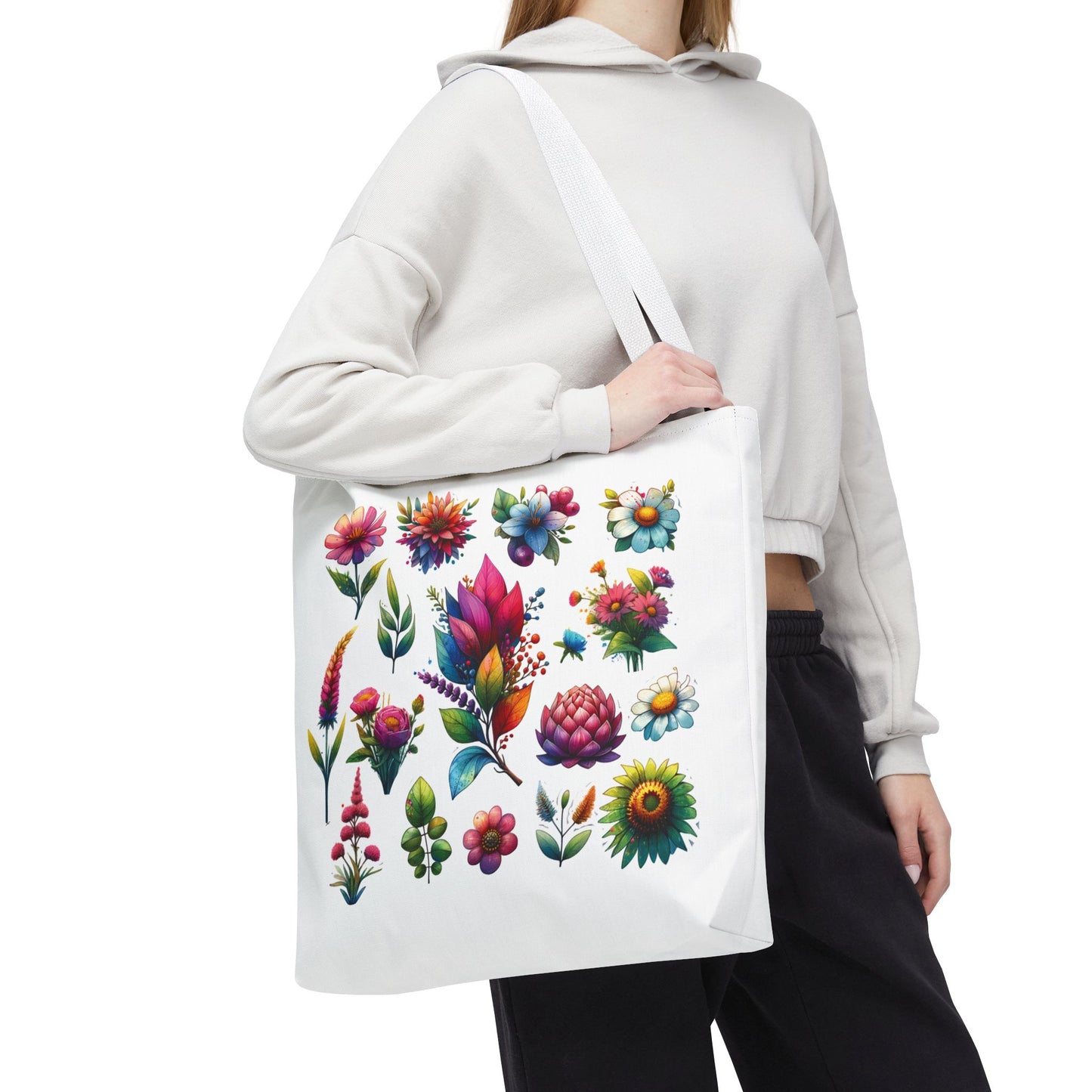 Floral Tote Bag held by a woman, showcasing vibrant flower design on durable polyester, ideal for everyday use.