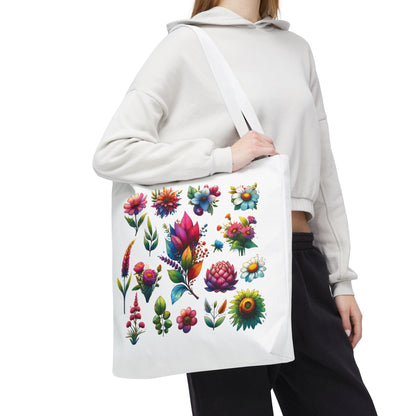 Floral Tote Bag held by a woman, showcasing vibrant flower design on durable polyester, ideal for everyday use.
