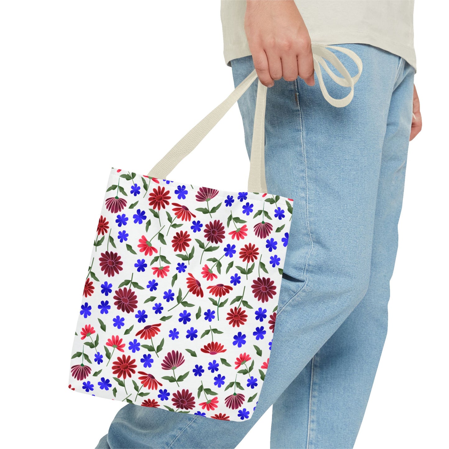 Floral Pattern Tote Bag — Red & Blue Wildflower All-Over Print: A person carries this vibrant, hand-painted tote with red and blue blossoms, perfect for adding cheerful style to everyday adventures.