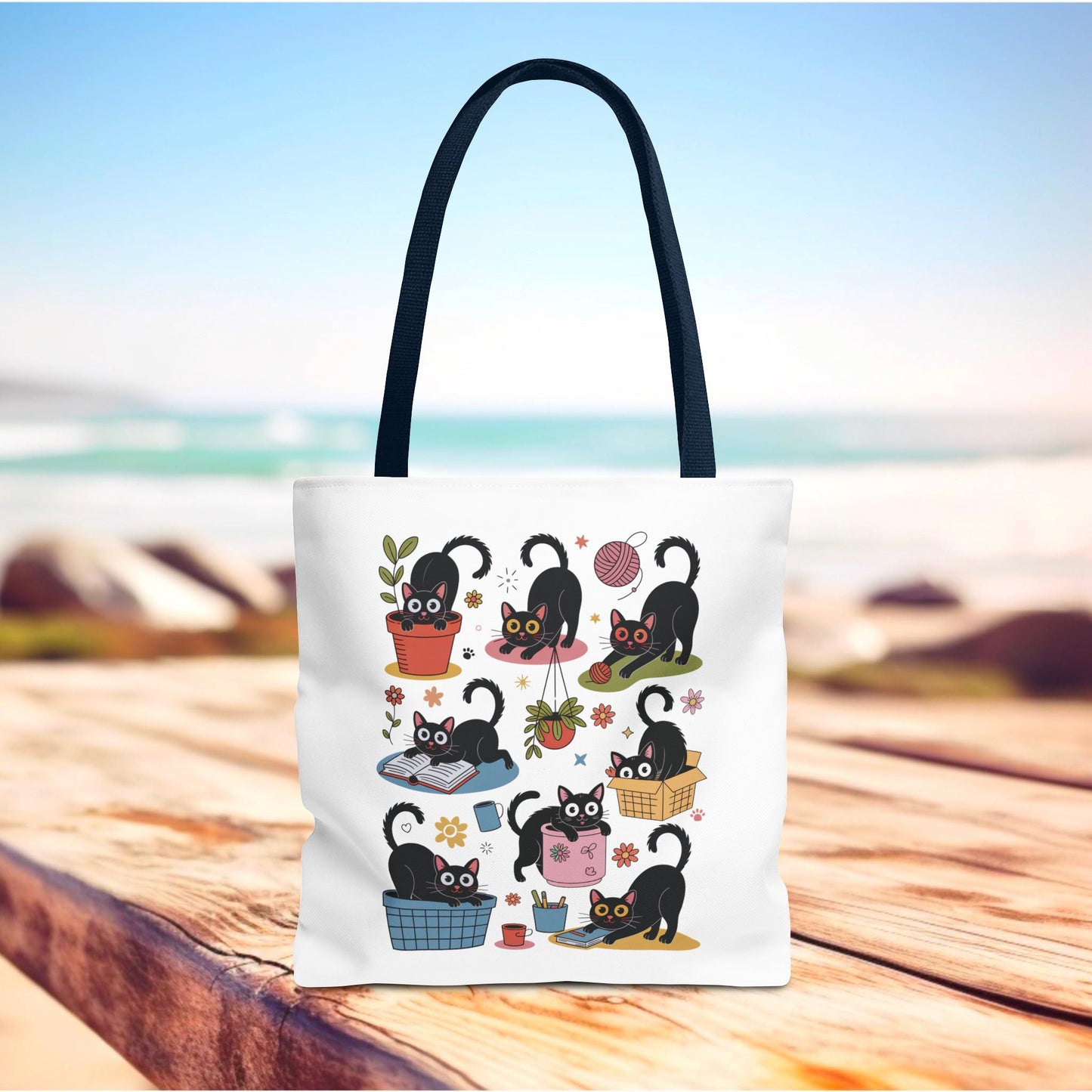 Cat Tote Bag - Curious Cat Design: A whimsical tote bag showcasing a curious cat illustration, perfect for cat lovers, with durable polyester and reinforced stitching, ideal for everyday use.
