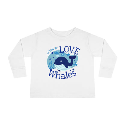 Born to Love Whales - Cute Ocean Toddler T-Shirt featuring a blue whale and playful text design on a white tee. Ideal for young marine enthusiasts, blending comfort and adorable style.