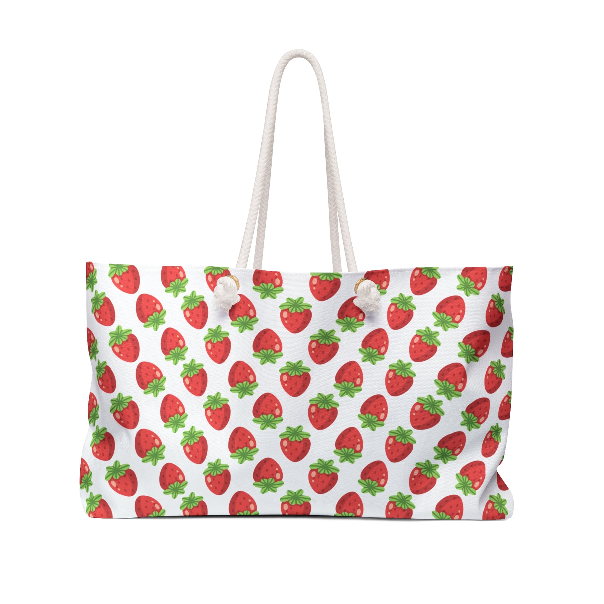 Strawberries Weekender Bag features a charming strawberry design, embodying FireBrook Essentials' joyful style. This spacious tote with durable rope handles and a cream interior is perfect for whimsical travels.