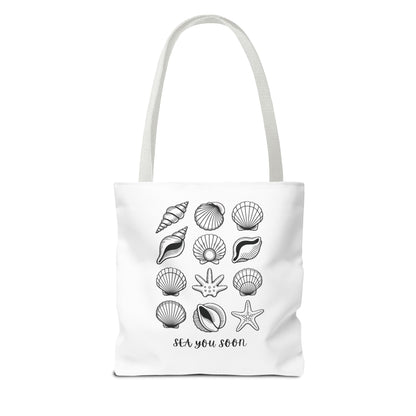 Sea Shells Tote Bag with a beachy design, showcasing reinforced stitching and durable polyester, ideal for coastal adventures. Perfect for carrying essentials, reflecting FireBrook Essentials' joyful, stylish ethos.