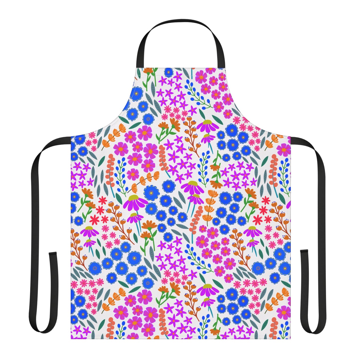 Floral Apron featuring a vibrant, stylized floral pattern with blue daisies, pink and purple blossoms, and green leaves. This full-coverage apron includes a neck loop and long waist ties for comfort.