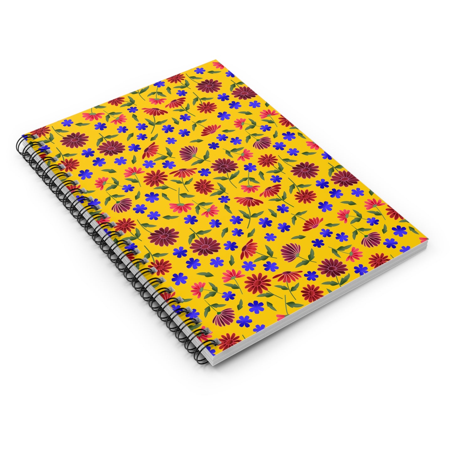 Spiral Notebook, Durable Cover, Ruled, 6x8 – Golden Meadow: A bright yellow notebook with red, burgundy, and blue floral patterns, featuring a metal spiral binding and compact design for ease and style from FireBrook Designs.