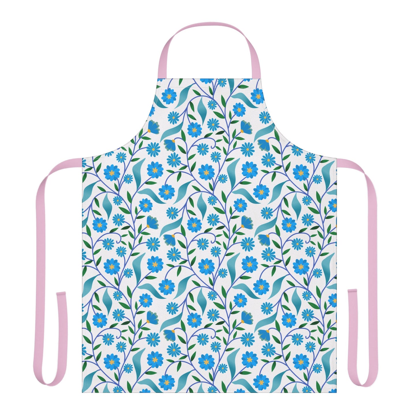 Apron Floral Design: A stylish kitchen apron with a pattern of blue flowers and green leaves, featuring pink straps. Made from soft, stain-free polyester canvas, perfect for cooking and crafting.