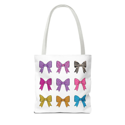 Bows Ribbons Tote Bag featuring colorful bow prints, spacious design, and durable polyester material with reinforced stitching, perfect for stylish, everyday use.