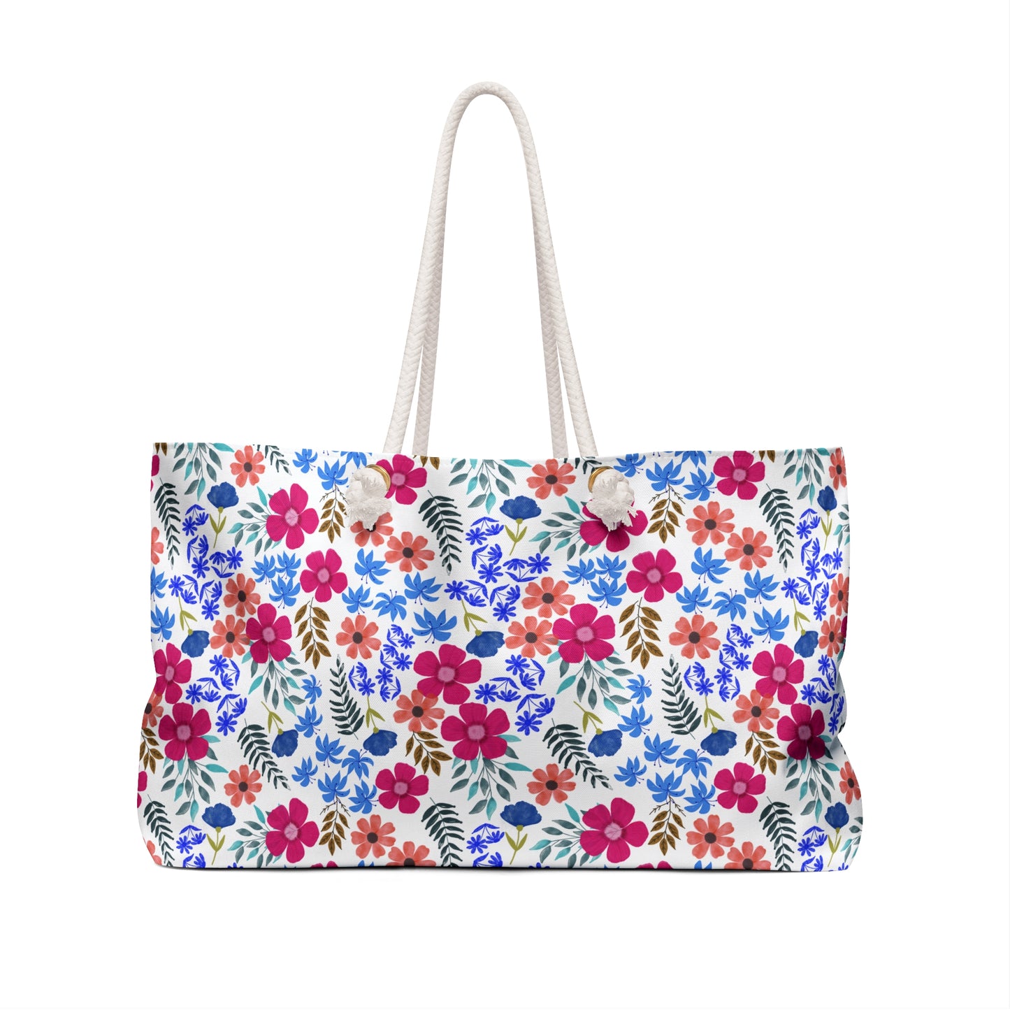 Weekender Bag with a vibrant, watercolor floral pattern and twisted-rope handles, ideal for stylish weekend getaways. Crafted from wrinkle-resistant polyester, it features a spacious interior and T-bottom design.