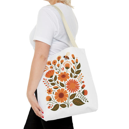 Folk Floral Tote Bag showcases vibrant hand-drawn wildflowers on a white background, reflecting FireBrook Essentials' uplifting style. Durable, with reinforced handles, it's perfect for daily use.