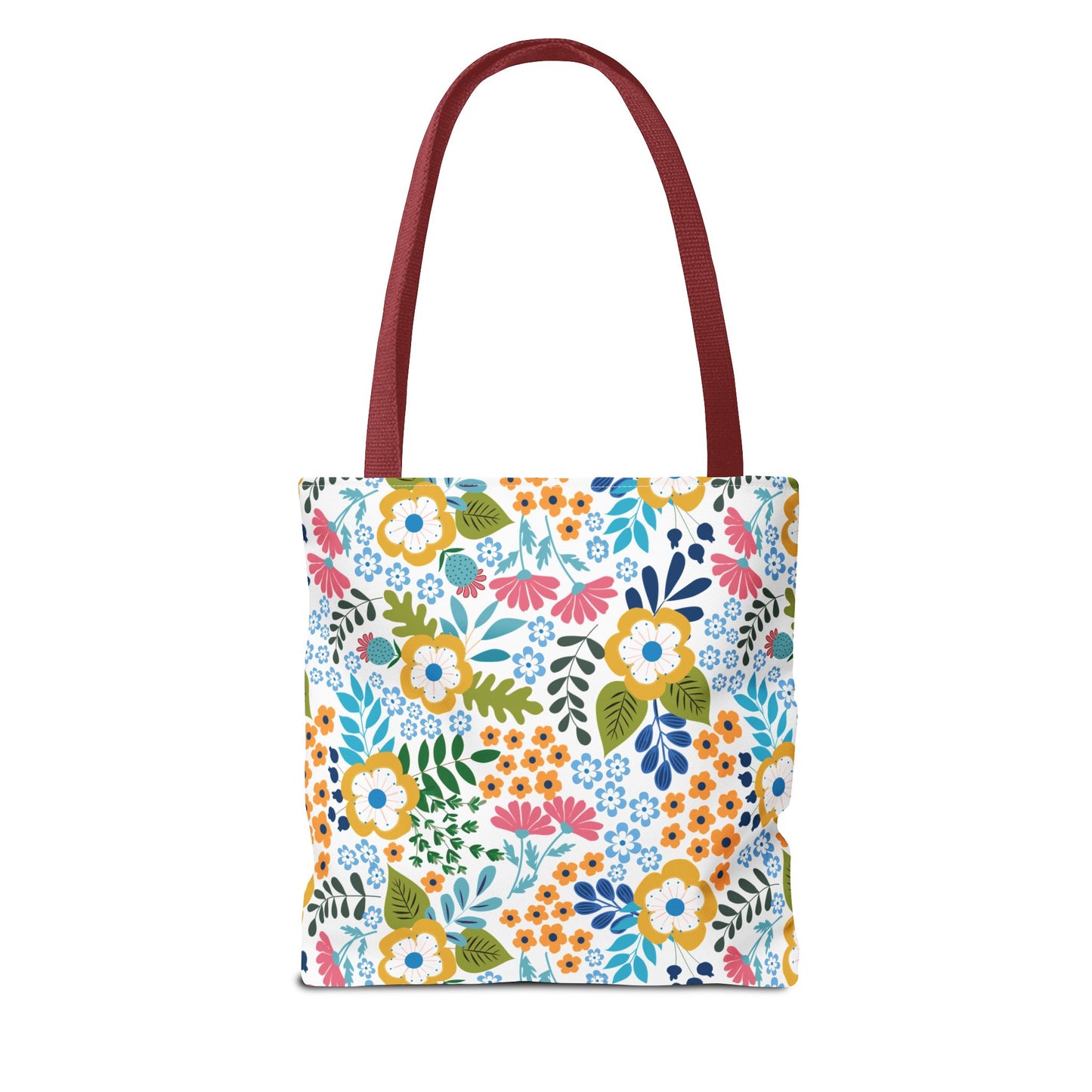 Floral Tote Bag with long burgundy straps, features a vibrant floral pattern on a white background, ideal for summer outings. Designed for durability and style by FireBrook Essentials.