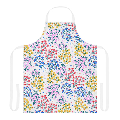 Floral Apron: A full-coverage, white apron featuring a vibrant, repeating floral pattern. Made from soft polyester canvas with neck and waist ties, perfect for adding joy to any kitchen activity.