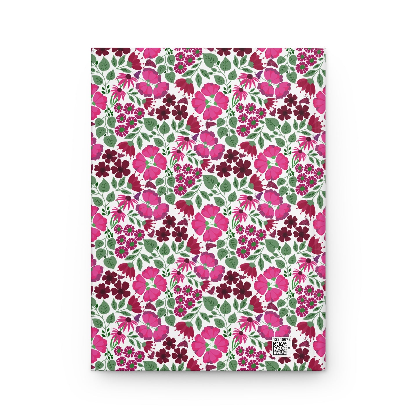 HARDCOVER JOURNAL, MATTE, RULED, 5X7, SEWN BIND, CLEAN-TEAR PAGES – ROSE GARDEN: Features a seamless floral pattern with pink and magenta flowers on a white background, ideal for vibrant, organized journaling.