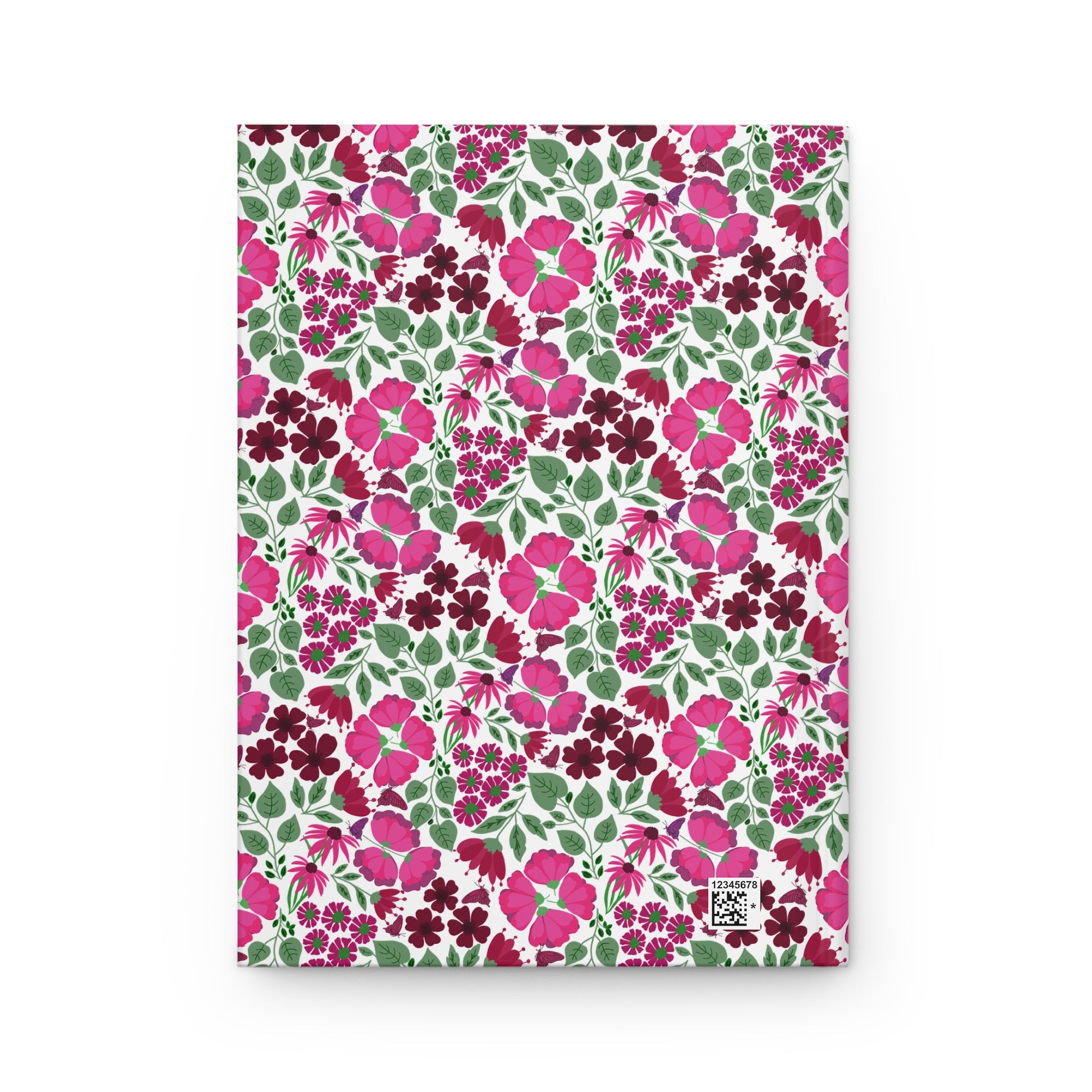 HARDCOVER JOURNAL, MATTE, RULED, 5X7, SEWN BIND, CLEAN-TEAR PAGES – ROSE GARDEN: Features a seamless floral pattern with pink and magenta flowers on a white background, ideal for vibrant, organized journaling.