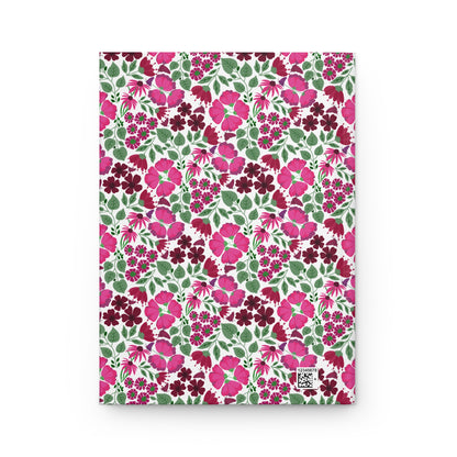 HARDCOVER JOURNAL, MATTE, RULED, 5X7, SEWN BIND, CLEAN-TEAR PAGES – ROSE GARDEN: Features a seamless floral pattern with pink and magenta flowers on a white background, ideal for vibrant, organized journaling.