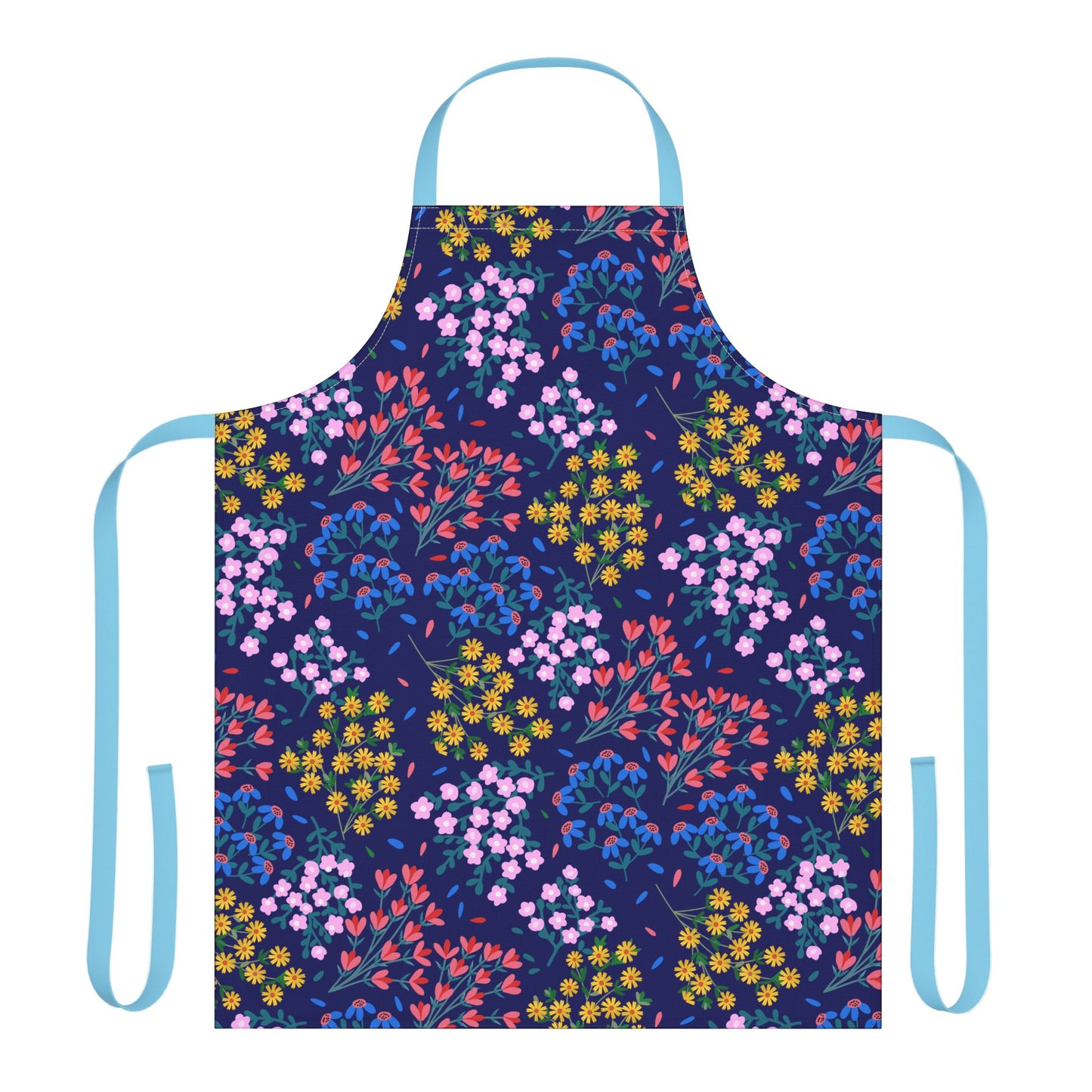 Floral Apron by FireBrook Designs features a deep navy base with vibrant floral patterns, light-blue neck loop, and waist ties. Made from soft, stain-free polyester canvas, perfect for joyful cooking and crafting.