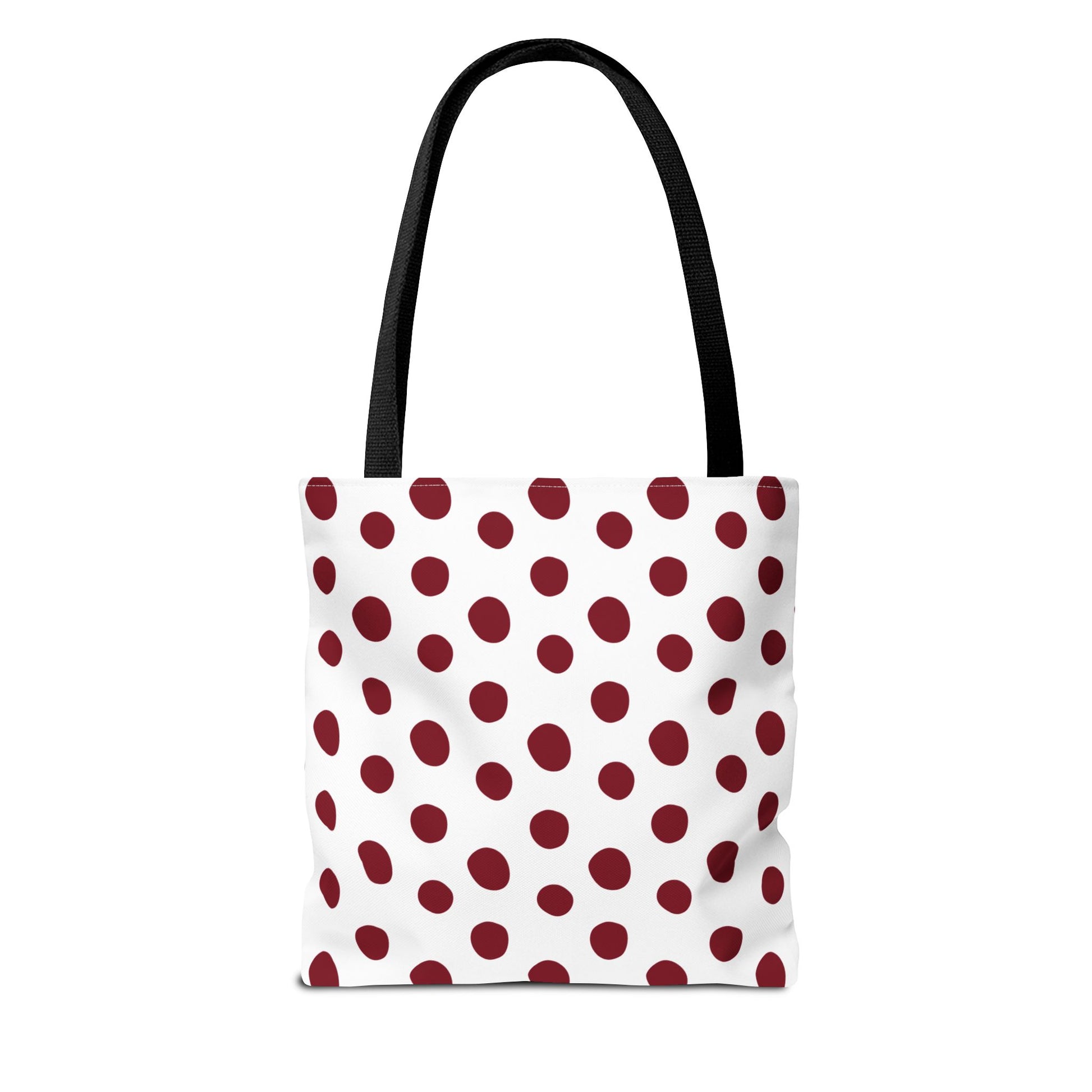 Burgundy Polka Dots Tote Bag with black handles, featuring a classic design with durable polyester fabric. Perfect for everyday use, it combines style and functionality, embodying FireBrook Essentials' commitment to uplifting designs.