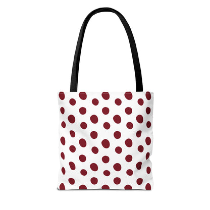 Burgundy Polka Dots Tote Bag with black handles, featuring a classic design with durable polyester fabric. Perfect for everyday use, it combines style and functionality, embodying FireBrook Essentials' commitment to uplifting designs.