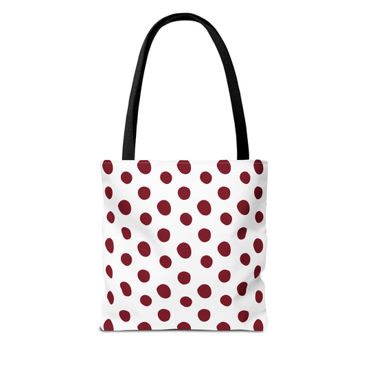Burgundy Polka Dots Tote Bag with black handles, featuring a classic design with durable polyester fabric. Perfect for everyday use, it combines style and functionality, embodying FireBrook Essentials' commitment to uplifting designs.