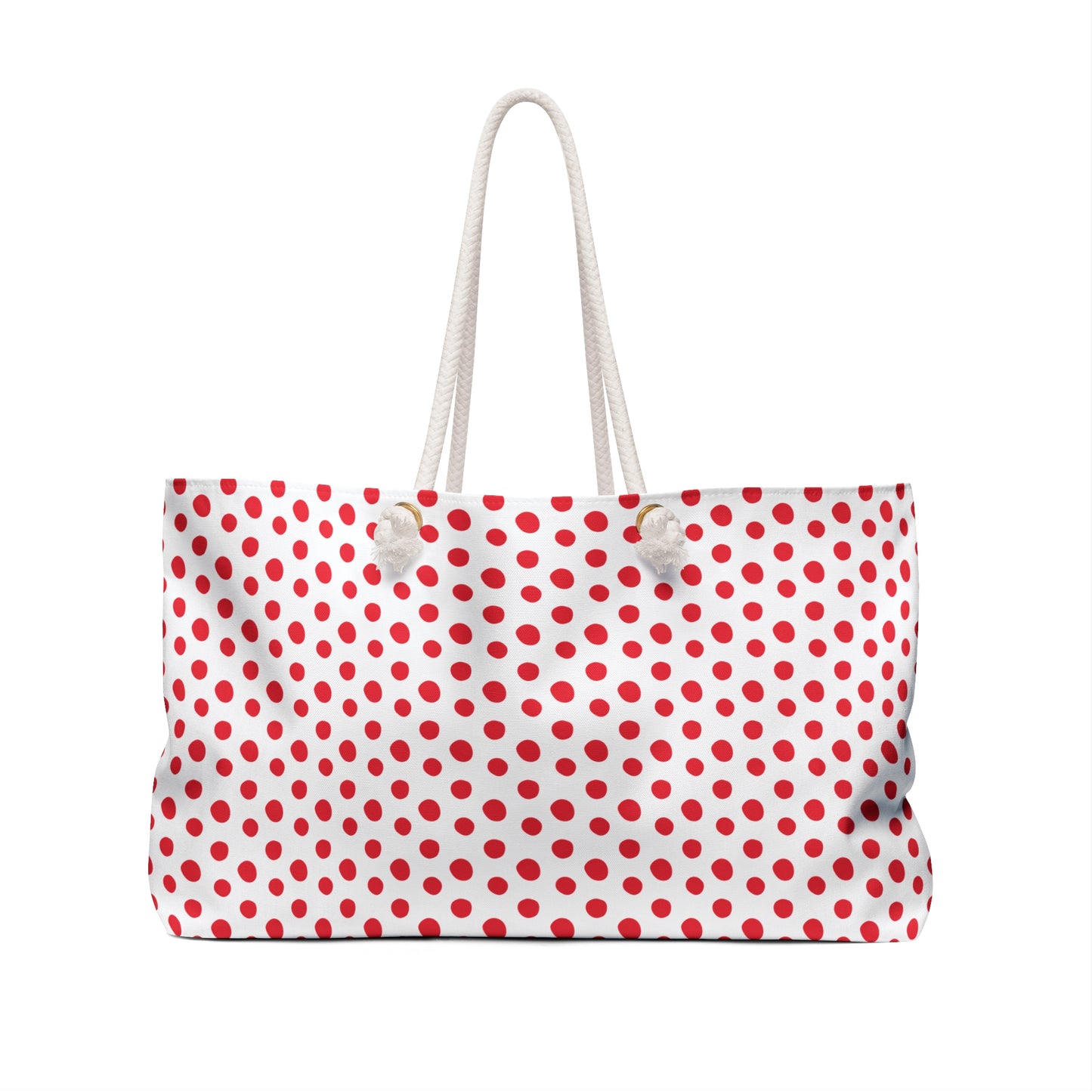 Weekender Bag - Red (small) Polka Dots: A stylish tote with a retro vibe, featuring red polka dots on white fabric, rope handles, and a spacious interior, perfect for joyful travel adventures.