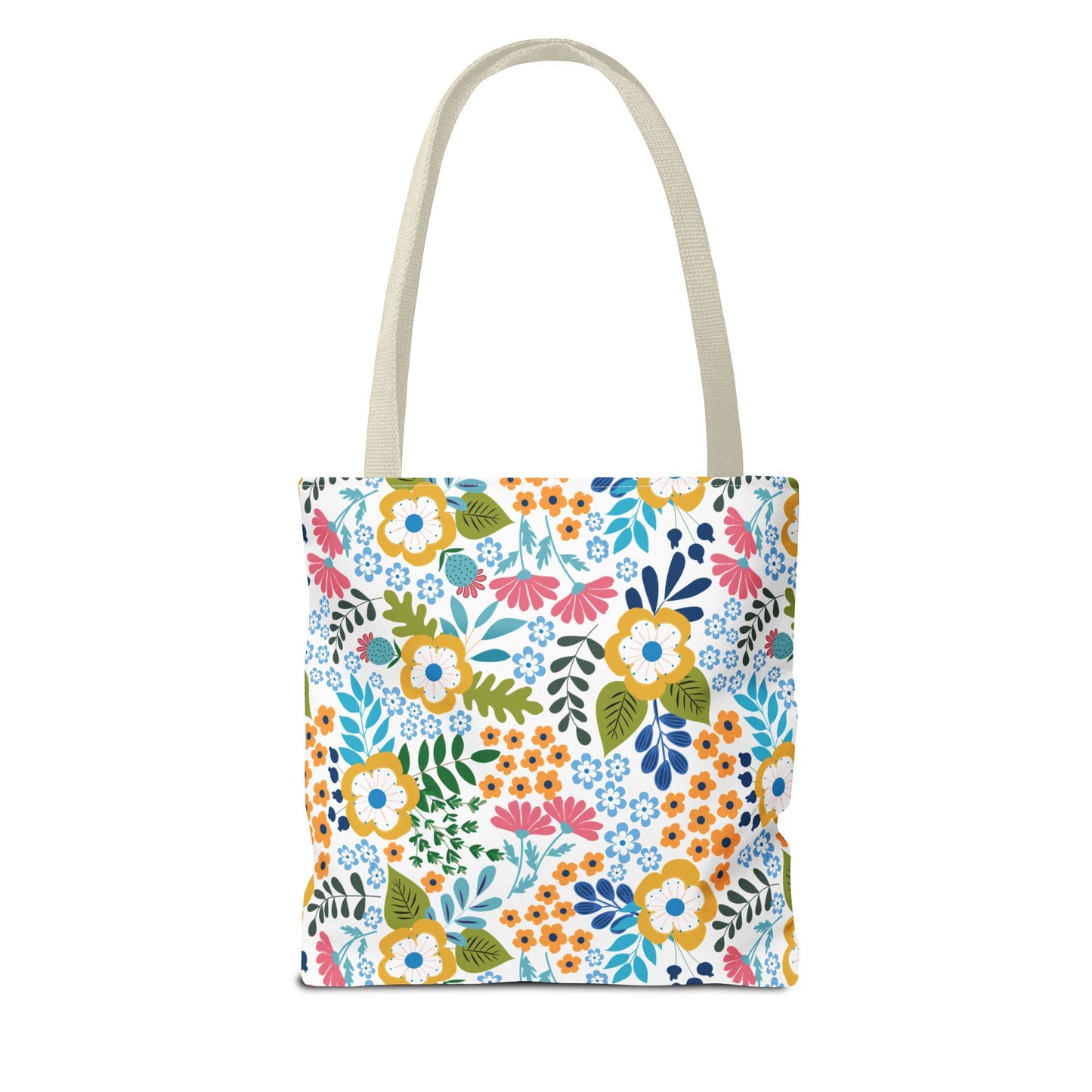 Floral Tote Bag with vibrant yellow, pink, and blue flowers on a white background, featuring durable beige handles. Ideal for summer outings, offering style and practicality from FireBrook Designs.