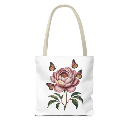 Botanical with Vintage-Inspired Illustration Tote Bag showcasing vibrant flowers, intricate leaves, and fluttering butterflies, perfect for nature lovers and vintage enthusiasts. Durable polyester with reinforced handles, ideal for everyday use.