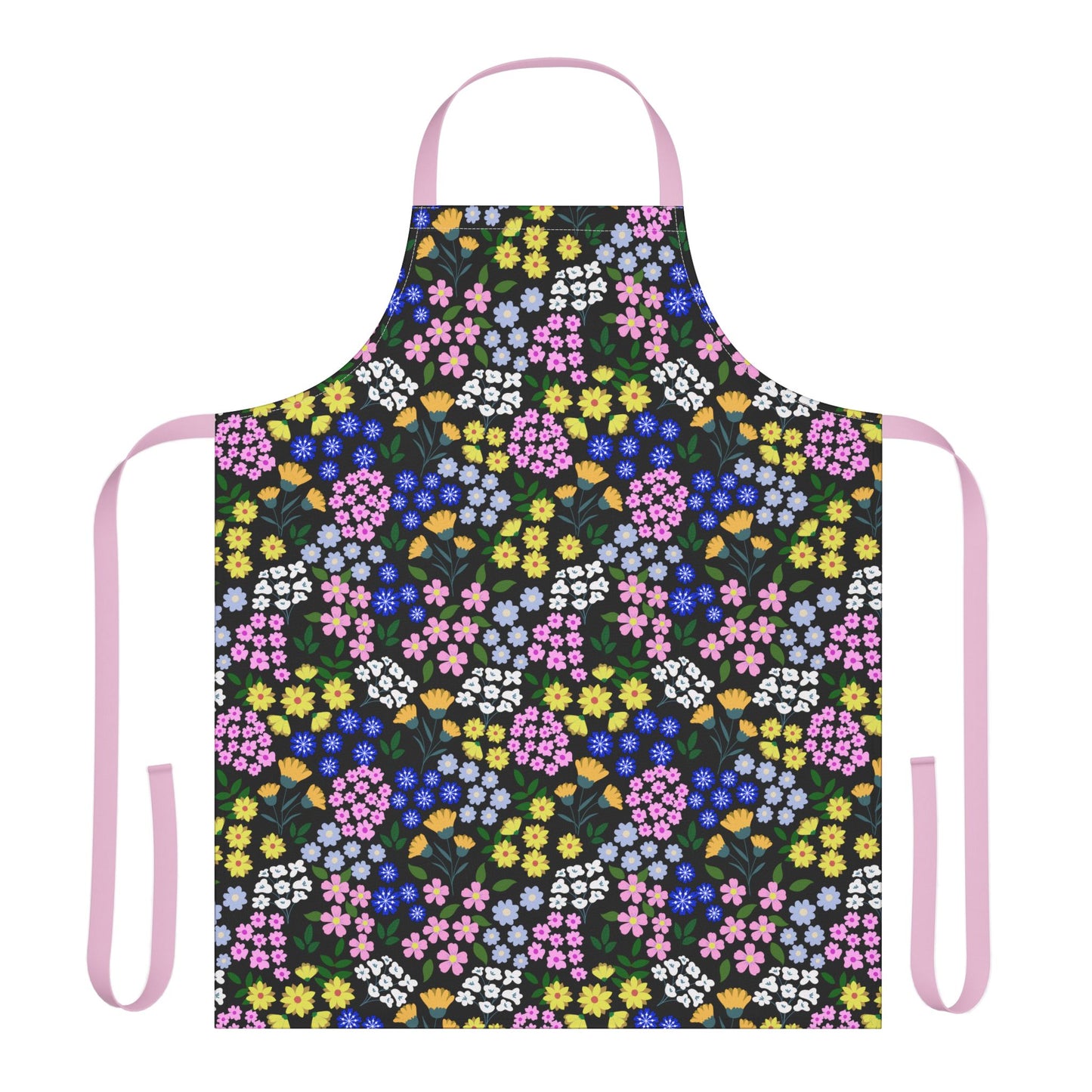 Apron Floral Design: A full-coverage kitchen apron with dense floral print against a black backdrop, featuring pale pink neck and waist ties, embodying FireBrook Designs' blend of comfort and vibrant style.