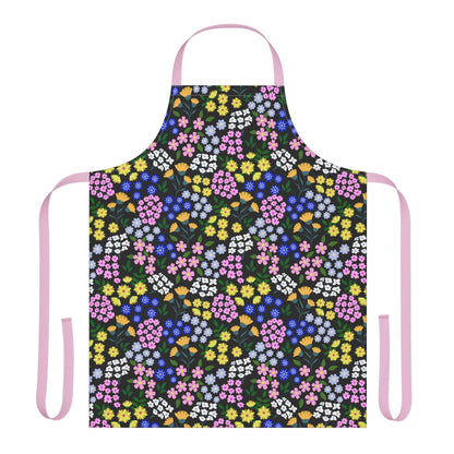 Apron Floral Design: A full-coverage kitchen apron with dense floral print against a black backdrop, featuring pale pink neck and waist ties, embodying FireBrook Designs' blend of comfort and vibrant style.