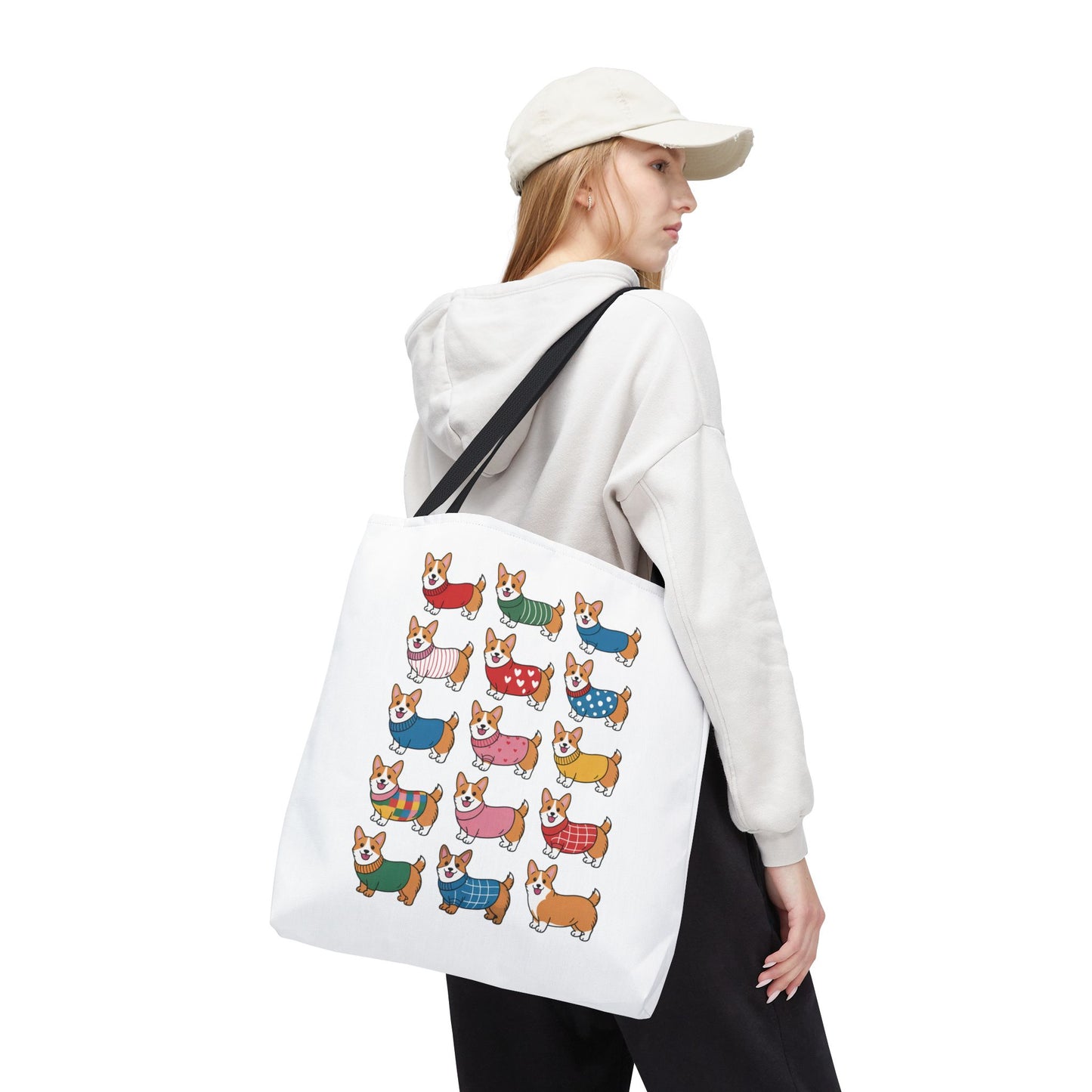Cheerful Corgi Cartoon Style Dog Lover Tote Bag features cute corgis in unique outfits, ideal for dog enthusiasts. Durable polyester, available in three sizes, with reinforced handles and boxed corners for everyday use.