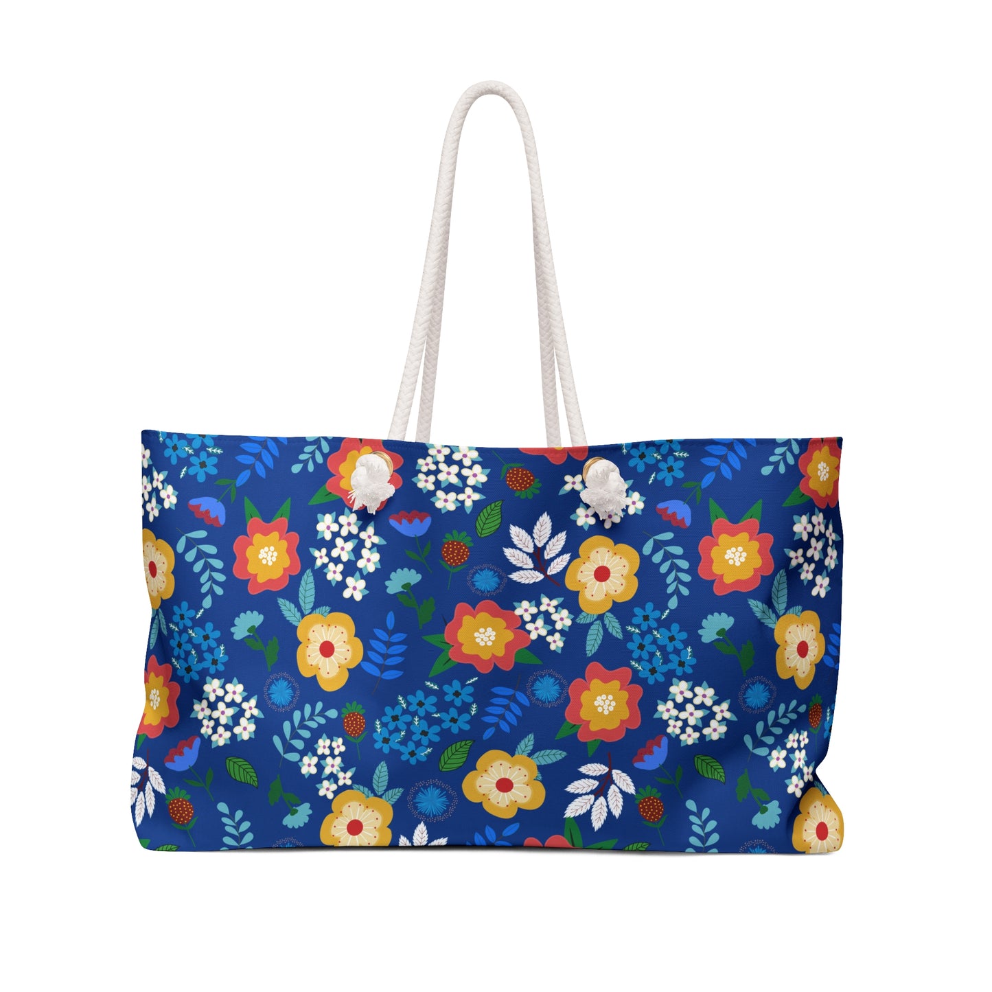Weekender Bag featuring a vibrant floral pattern on a deep blue background with sturdy white rope handles, exemplifying FireBrook Designs' commitment to stylish, functional travel essentials.