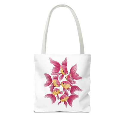 Fish Tote Bag - School of Fish Design: A durable polyester tote adorned with a tranquil fish pattern, perfect for ocean lovers and versatile for carrying essentials, books, or groceries.