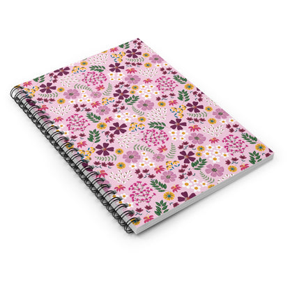 Floral Spiral Notebook with a vibrant, cheerful floral pattern on a pale pink cover and durable metal spiral binding, ideal for creative note-taking, sketching, or journaling. Compact and perfect for on-the-go use.