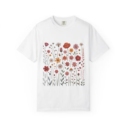 Wildflowers Summer T-Shirt with vibrant floral design, showcasing double-needle stitching and sleek, seamless sides. Ideal for casual outdoor activities, reflecting FireBrook Essentials' commitment to stylish, uplifting apparel.