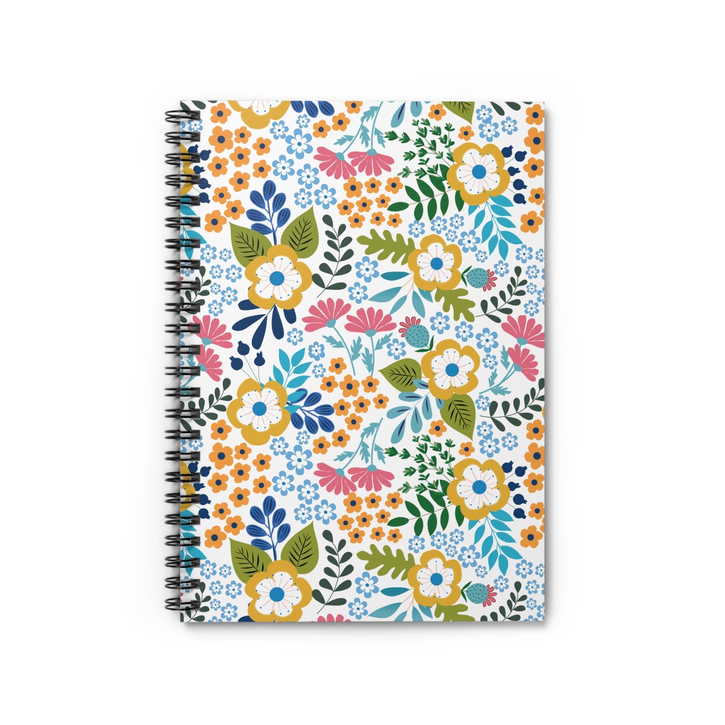 Floral Spiral Notebook with vibrant blooms and lush greenery on its cover, flat against a white backdrop. A stylish, functional companion for notes and creativity, embodying FireBrook Essentials' uplifting design ethos.