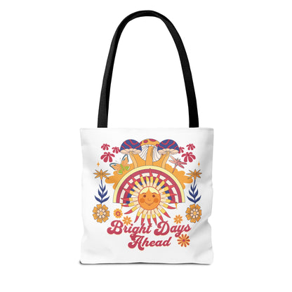 Bright Days Ahead Sunshine Floral Tote Bag showcasing a cheerful design with sunshine, flowers, and butterflies, perfect for outdoor adventures. Ideal for those seeking a joyful and uplifting style from FireBrook Essentials.