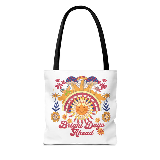 Bright Days Ahead Sunshine Floral Tote Bag showcasing a cheerful design with sunshine, flowers, and butterflies, perfect for outdoor adventures. Ideal for those seeking a joyful and uplifting style from FireBrook Essentials.
