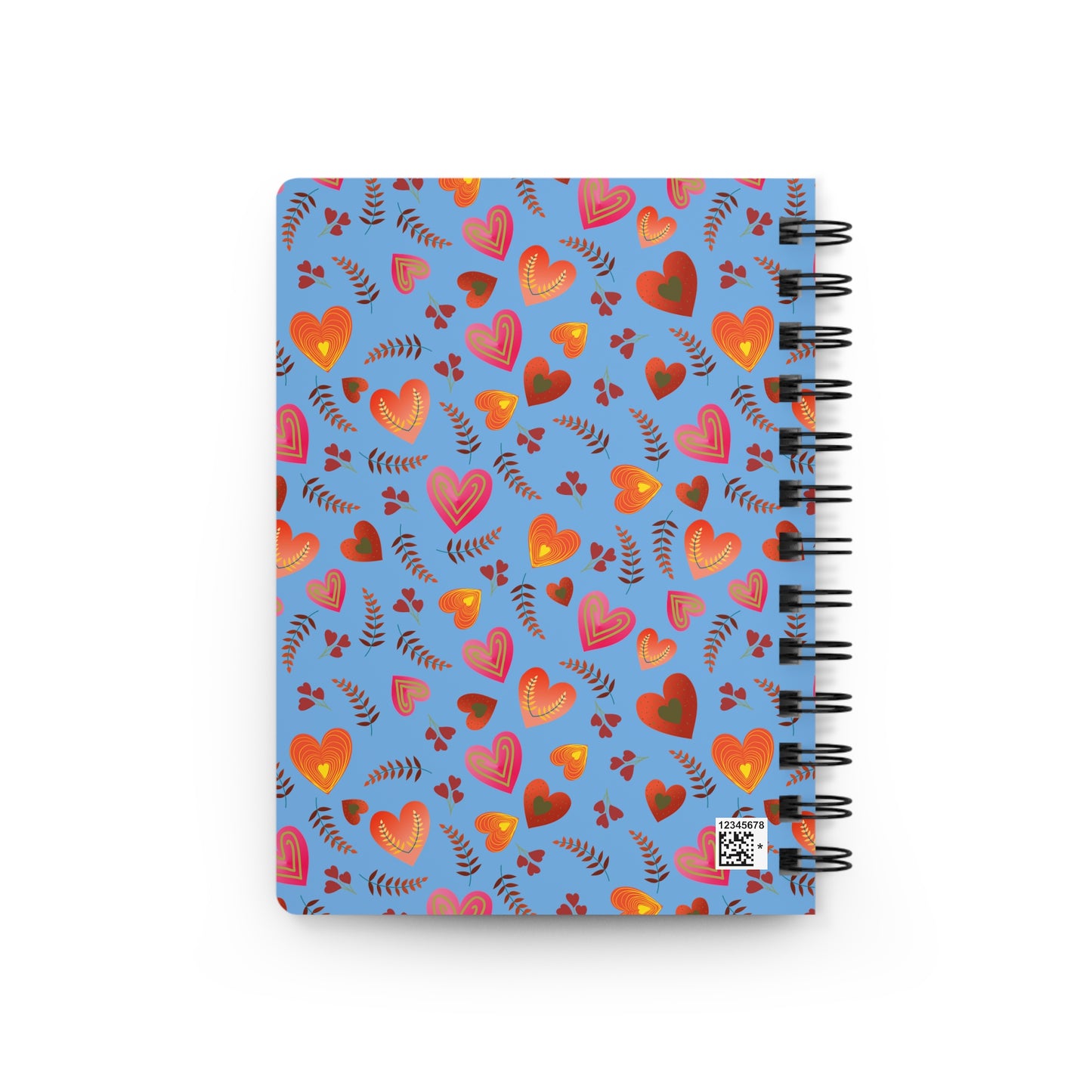 SPIRAL JOURNAL, DURABLE GLOSSY COVER, RULED, 5X7: A bright blue cover adorned with stylized hearts and leaves. Features removable spiral, 150 lined pages, glossy finish. Perfect for joyful, uplifting note-taking.