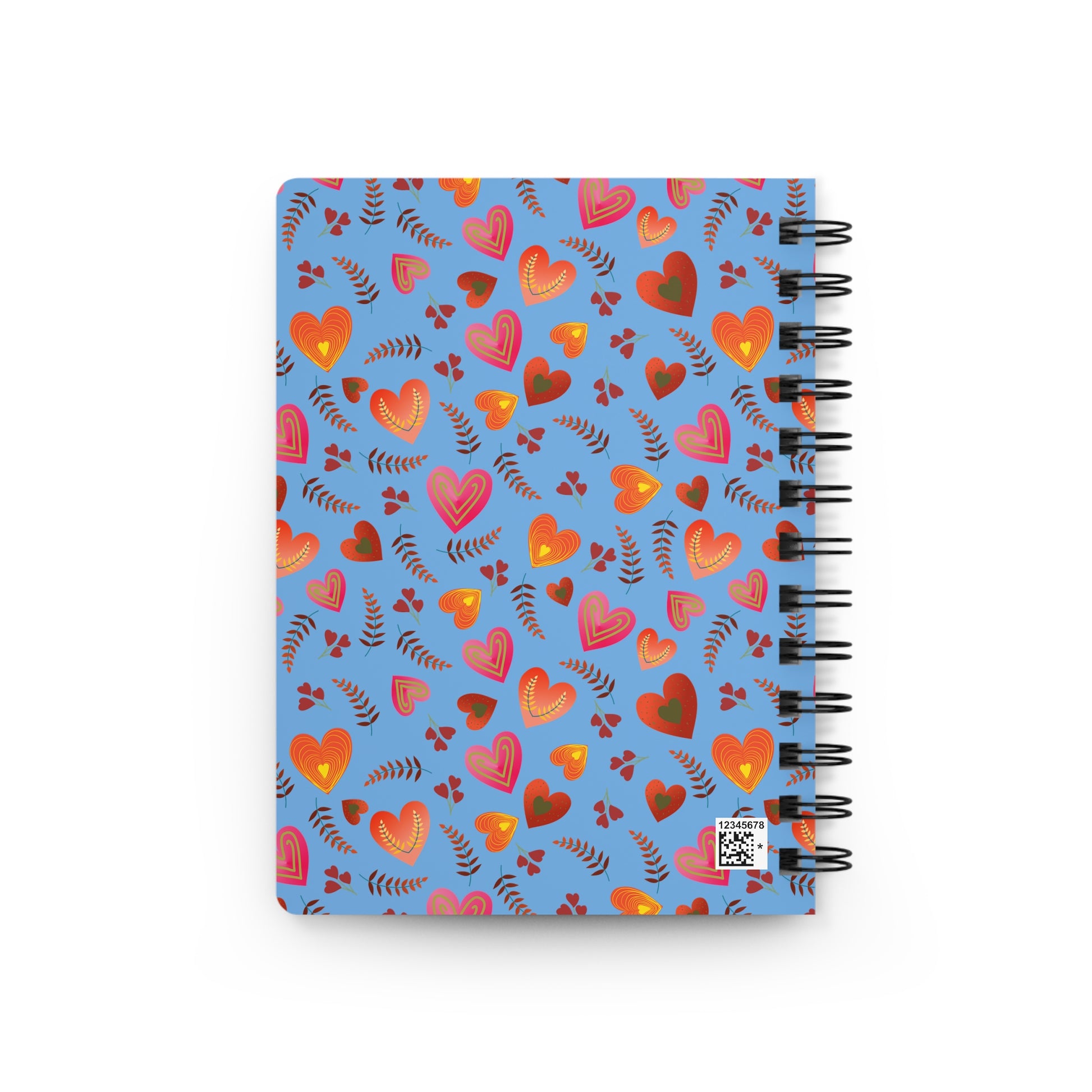 SPIRAL JOURNAL, DURABLE GLOSSY COVER, RULED, 5X7: A bright blue cover adorned with stylized hearts and leaves. Features removable spiral, 150 lined pages, glossy finish. Perfect for joyful, uplifting note-taking.